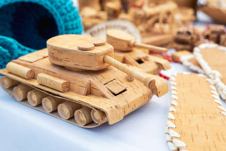 toy homemade tank made of birch bark. do-it-yourself tank, handmade