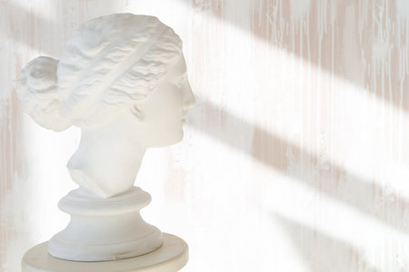 plaster head of Venus on a pedestal, the background is a wall with shadows from the window. historical bust and wallsの写真素材