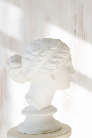 vertical photo of a plaster head of Venus on a pedestal, the background is a wall with window shadowsの写真素材
