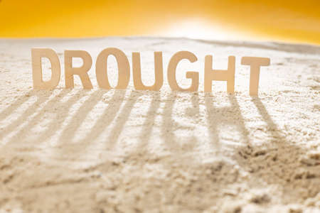 wooden letters collect the word drought in the sand, long shadows against the orange sky. environmental issuesの写真素材