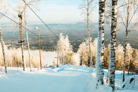 ski slope and cable car in winter among birches. birch trees and cable carの写真素材