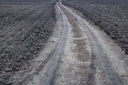 a dirt road winds its way through a plowed field in early spring. agricultural fieldの写真素材