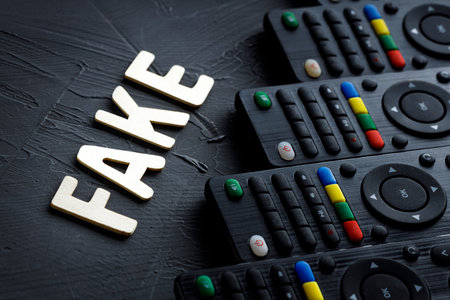 fake the word in front of him remotes to the TV in one row. fake tv programs and managementの写真素材