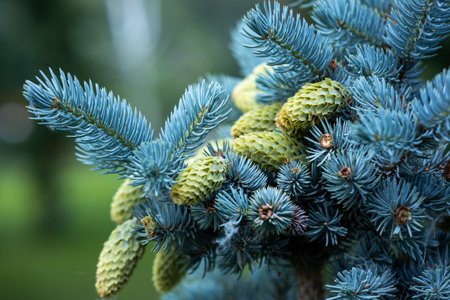 branches of a blue spruce with cones, a natural still life outdoors, not staged. coniferous tree branchesの写真素材
