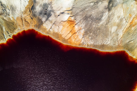 alien landscape on clay quarry, red lake and earth. desert landscape aerial viewの写真素材