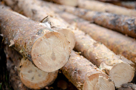tree trunks in a stack, close-up on a sawn round trunk. timber harvesting, sawn pinesの写真素材