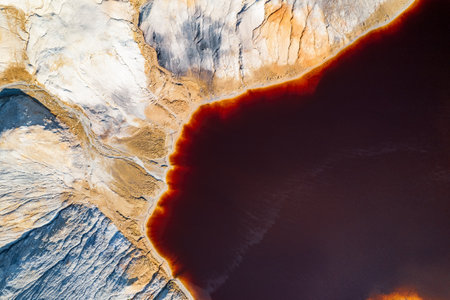 part of the shore of the red lake and sandy terrain on a clay quarry. drone view of a flooded quarryの写真素材