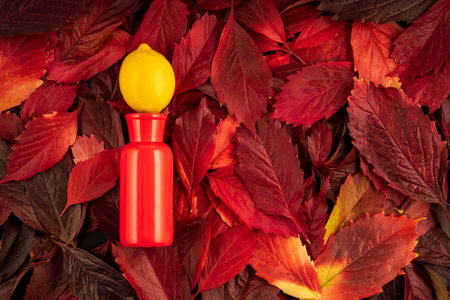 yellow lemon over a red vase, the background is autumn leaves of a red hue. autumn still lifeの写真素材