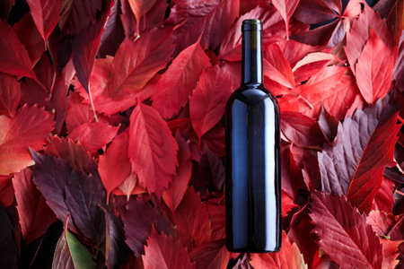 unevenly lit bottle of wine on red leaves, autumn leaves solid background and a bottle of wine.の写真素材