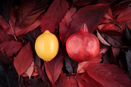 lying next to a yellow lemon and a red pomegranate on a background of red autumn leaves. autumn background and fruitsの写真素材
