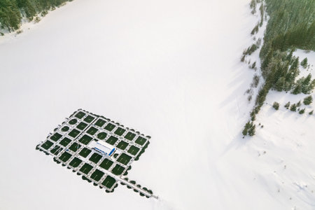 aerial view of a fish farm in winter. frozen pond and fish farmの写真素材