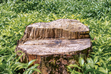 a wooden stump with green leaves around the stump. A summer day in the forestの写真素材