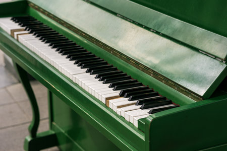 green street broken piano top view. an old piano for the streetの写真素材