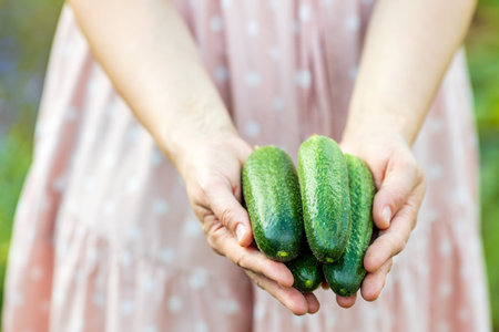four fresh cucumbers in the girl's hands. harvesting cucumbers in the gardenの写真素材