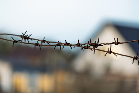 The roof of the building is out of focus, with barbed wire in the foreground. the prison barracks