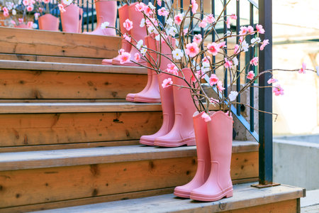 Pink rain boots are arranged on a set of wooden stairs. The boots are placed in a row, with some of them being taller than others. Scene is playful and whimsicalの写真素材