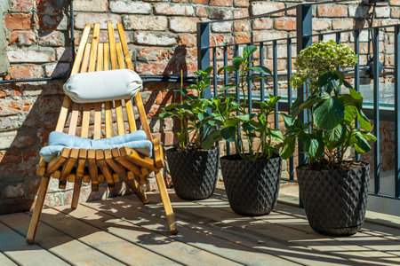 A wooden chair with a pillow on it sits on a wooden deck next to three potted plantsの写真素材