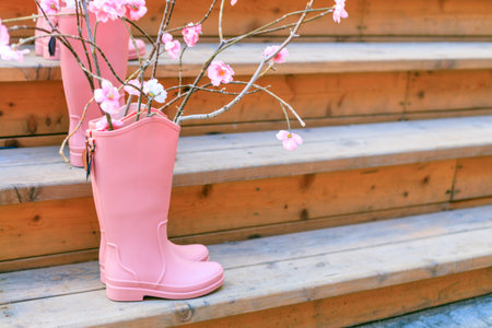 Two pink rain boots are on a wooden staircase. The boots are decorated with flowers and leaves, giving the impression of a whimsical and playful scene. Concept of fun and lightheartednessの写真素材
