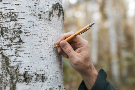 A man is writing on a tree with a pencil. The pencil is yellow and the tree is bare. The man is...