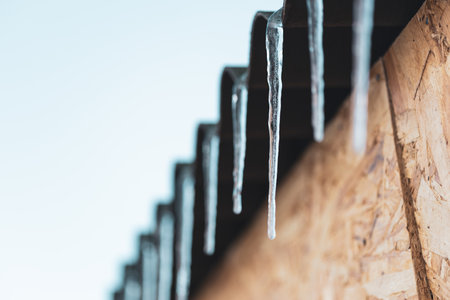 The roof of a building is covered in icicles. The icicles are hanging from the roof and are covered...