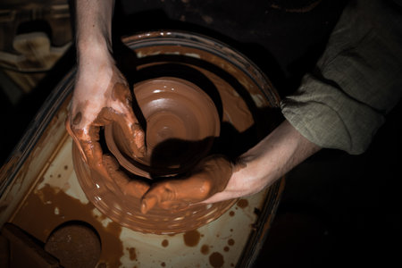 A man is making a pottery bowl with his hands. The bowl is brown and has a unique shape. The man is...