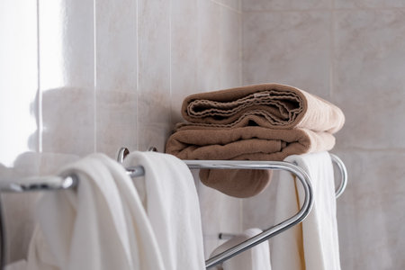 There is a towel rack on the wall. The towels are white and brown. They are neatly folded and...