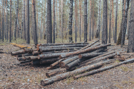 The old logs of the felled trees are piled up. logs in the middle of the forestの写真素材