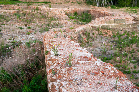 A brick wall with a dirt path in between. The path is covered in dirt and rocks. The area is...