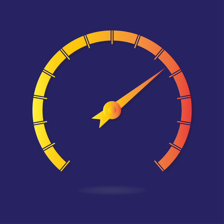 Speedometer or tachometer with arrow isolated on dark background. Colorful Infographic gauge element. Vector icon or sign.のイラスト素材
