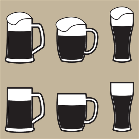 Set of different isolated beer mugs and glass with foam. Vector drink icon.のイラスト素材