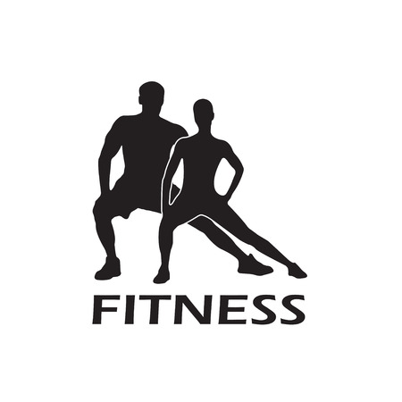 Muscled man and woman black silhouettes isolated on white background. Fitness symbol or label. Vector illustration.のイラスト素材