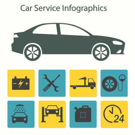 Car service Infographics. Auto service and repair icons isolated on white background. Colorful vector illustration in flat design.のイラスト素材