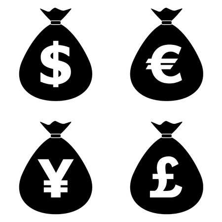 Money Bags with currency symbols icons set. Stock and finance design elements. Vector illustration.のイラスト素材