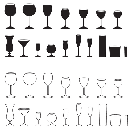 Glass set. Stemware for a different drinks. Vector silhouettes.のイラスト素材