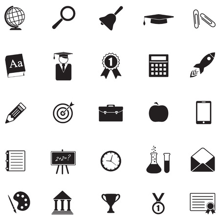 School and Education Icon set for science, knowledge, reading, math, chemistry, geography. Vector illustration with teaching and learning symbol and object. Isolated on white background.のイラスト素材