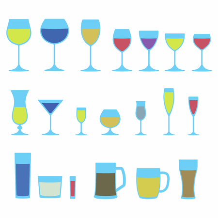 Glassware icon set. Colorful stemware for a different drinks. Beer glass, Wine glass and Cups isolated on white background. Vector illustration.のイラスト素材