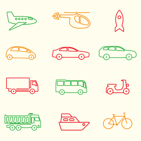 Transportation icon set. Outline illustration: car, airplane, bike, ship bus, helicopter. Colorful vectors symbols.のイラスト素材