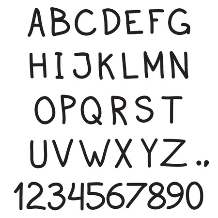 Alphabet. Hand drawn font. Letters and numbers isolated on white background. Vector illustration.のイラスト素材