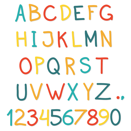 Alphabet. Hand drawn letters and numbers isolated on white background. Colorful vector illustration.のイラスト素材
