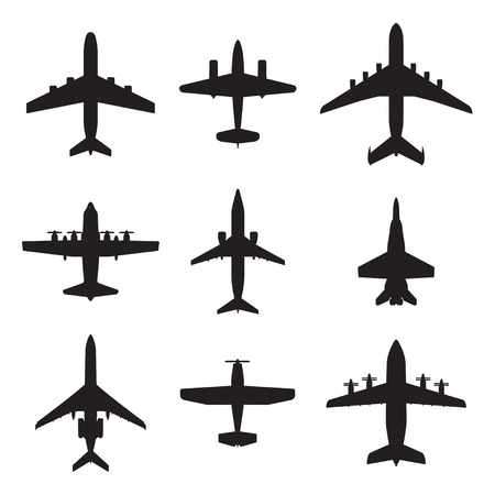 Airplane icons set isolated on white background. Vector silhouettes of passenger aircraft, fighter plane and screw.のイラスト素材