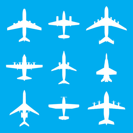 Airplane icons set isolated on blue background. Vector white silhouettes of passenger aircraft, fighter plane and screw.のイラスト素材