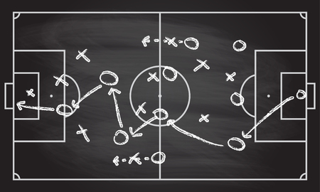 Football or soccer game strategy isolated on blackboard texture with chalk rubbed background. Sport infographics element. Vector illustration.のイラスト素材