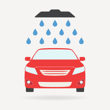 Car wash icon or sign with shower and water drops. Colorful vector illustration of a red vehicle in a flat design.のイラスト素材