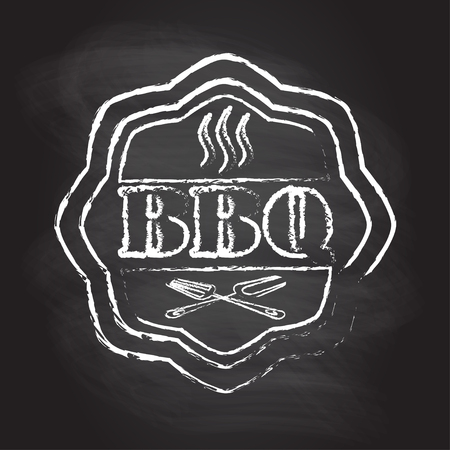 Barbecue label or BBQ stamp isolated on blackboard texture with chalk rubbed background. Hand drawn Grill menu design template. Vector illustration.のイラスト素材