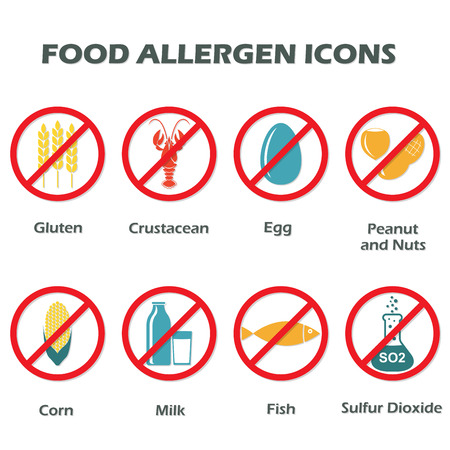 Allergen free products symbols. Food allergen icons set isolated on white background. Colorful vector illustration.のイラスト素材