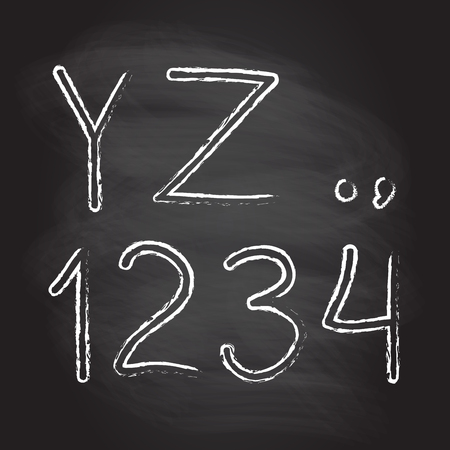 Hand drawn letters and numbers isolated on blackboard texture with chalk rubbed background. Vector illustration of alphabet.のイラスト素材