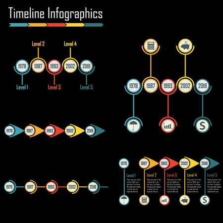Timeline Infographics set. Design elements isolated on a dark background. Colorful vector illustration.のイラスト素材