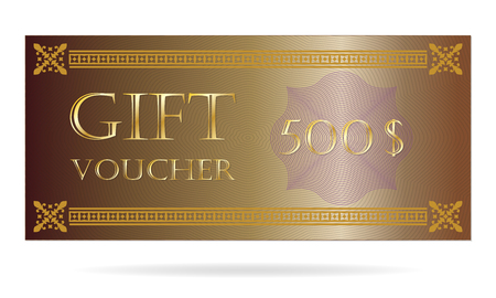 Gift voucher template with golden border. Design elements for gift coupon, invitation, certificate, diploma, ticket Vector illustration.のイラスト素材