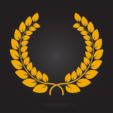 Laurel wreath. Yellow award icon or sign isolated on dark background. Vector illustration.のイラスト素材