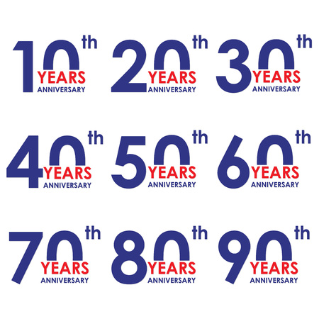 Anniversary icon set. Anniversary symbols isolated on white background. 10,20,30,40,50,60,70,80,90 years. Template for cards and congratulation design. Colorful vector illustration.のイラスト素材